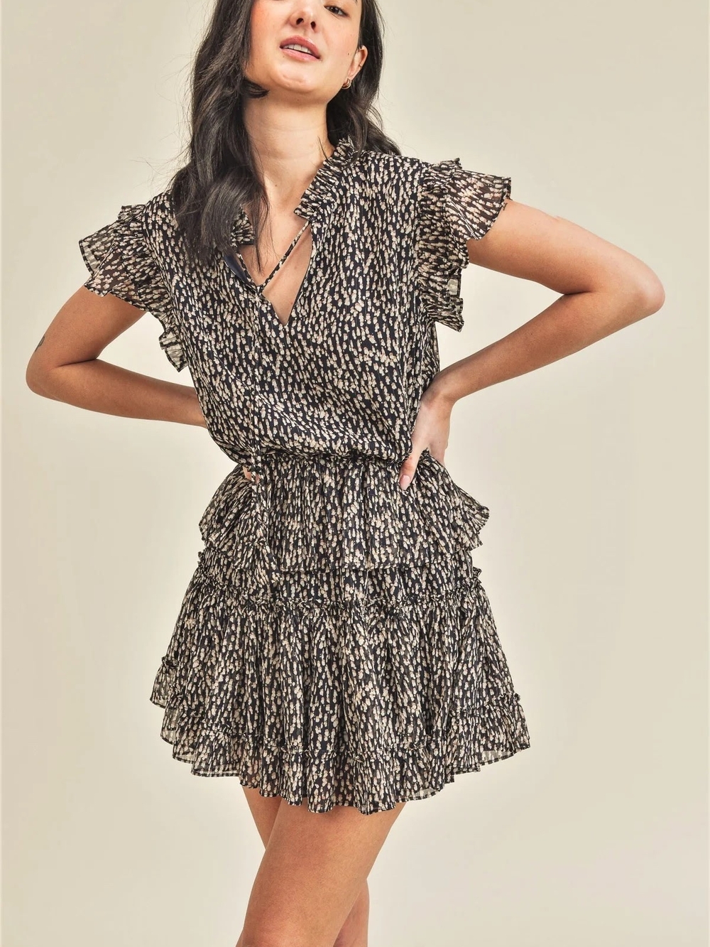 Reset Tiff Ruffled Tiered V-Neck Mini Dress in Black and Cream